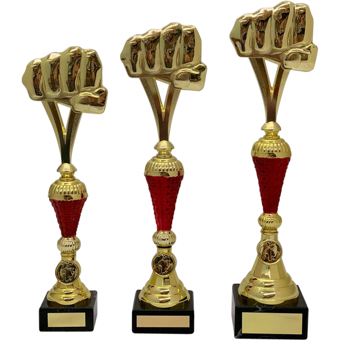 RED/GOLD WEIGHT LIFTING TROPHY - FIST DESIGN / 3 SIZES 